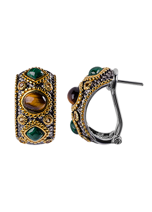 Silver earrings with Tiger eye and malachite  