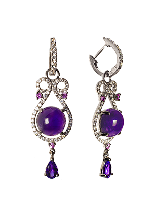 Earrings with amethyst, sapphires and cubic zirconia