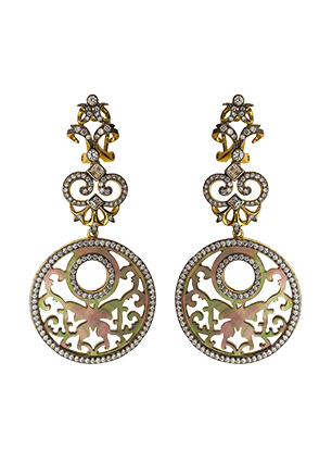 Gold plated silver earrings with mother of pearl, jewellery enamel and cubic zirconia